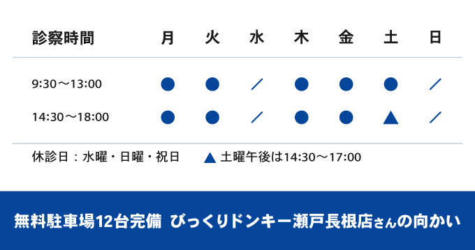 【診察時間】平日9：30～13：00、14：30～18：30/土曜9：30～13：00、14：30～17：30【休診日】水曜・日曜・祝日　無料駐車場12台完備